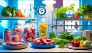 Laboratory setting with meat, vegetables, and scientific equipment, with labels
