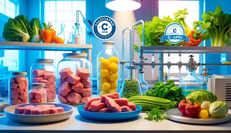 Laboratory setting with meat, vegetables, and scientific equipment, with labels
