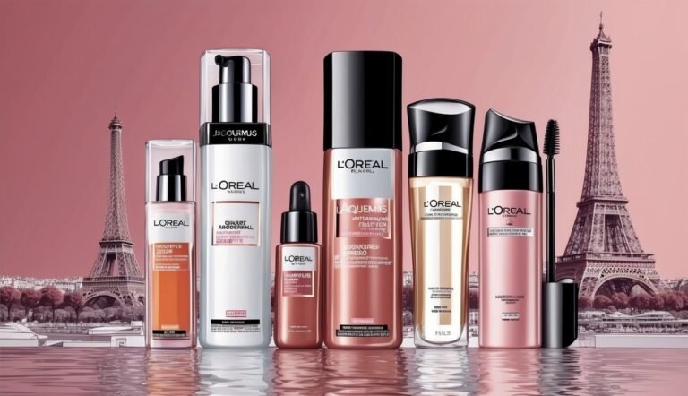 L'Oréal beauty products lined up with the Eiffel Tower in the background