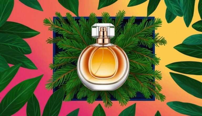 Perfume bottle surrounded by pine branches and green leaves on colorful background