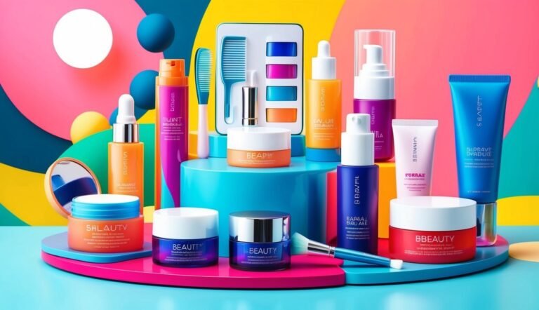 Cosmetics and beauty products arranged on colorful platforms with abstract background