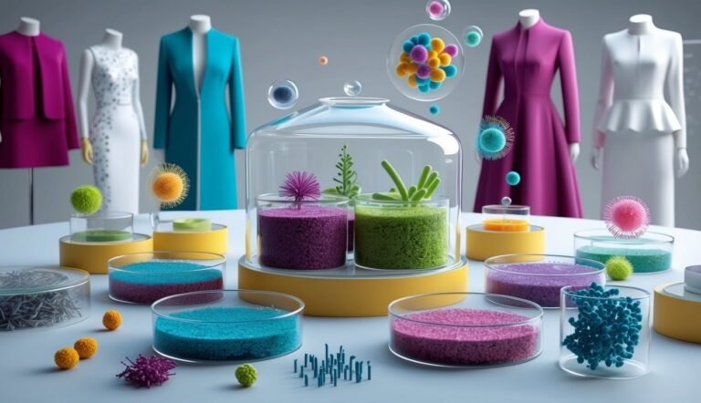 Fashion mannequins and petri dishes with colorful, textured substances and floating spheres