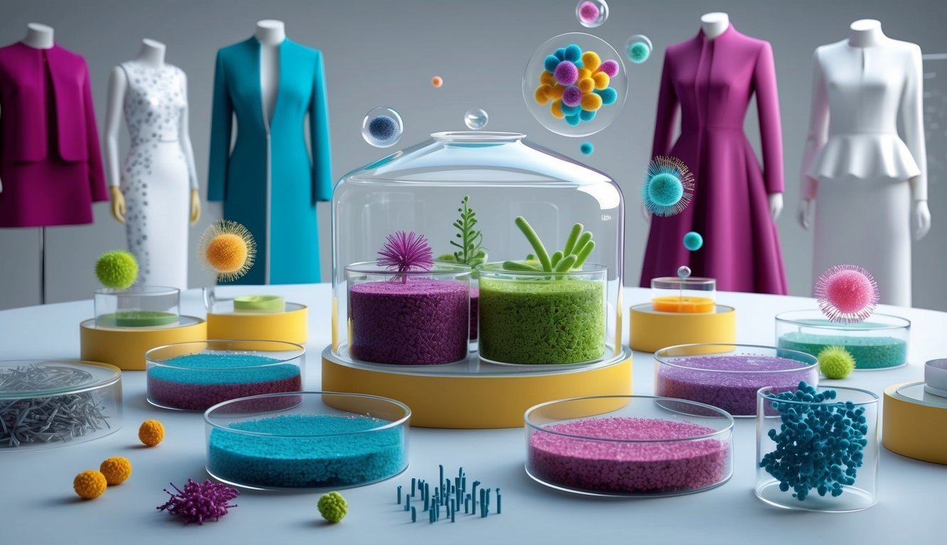Fashion mannequins and petri dishes with colorful, textured substances and floating spheres