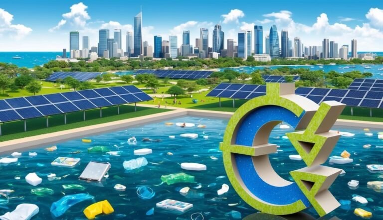 Solar panels, city, and euro symbol over polluted water