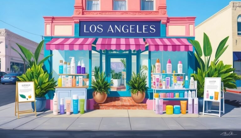 Cosmetics store in Los Angeles with pink awning and product displays