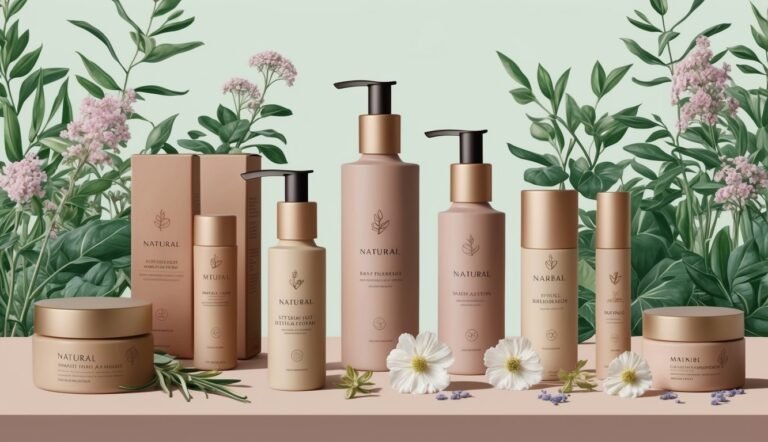 Cosmetic products with natural branding, surrounded by flowers and greenery, on a shelf