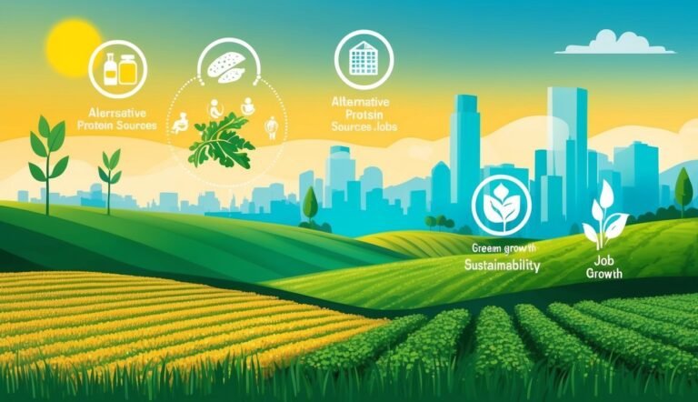 Fields, city skyline, and icons representing alternative protein sources and sustainability