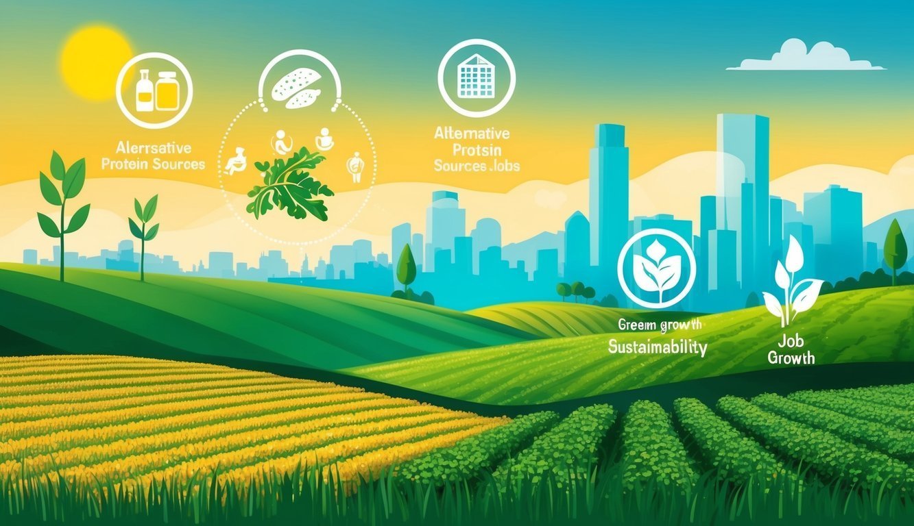 Fields, city skyline, and icons representing alternative protein sources and sustainability