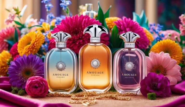 Three Amouage perfume bottles with colorful flowers in the background