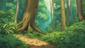 Path through a lush green forest with tall trees and dense foliage