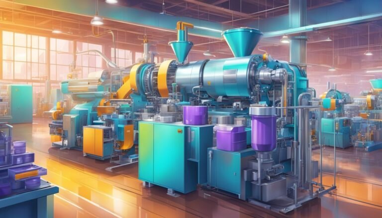 Factory interior with large industrial machinery in blue and yellow