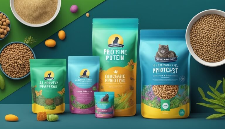Various cat food bags and bowls of food on a teal background