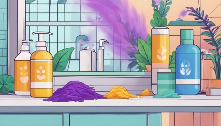 Bathroom shelf with colorful bottles, powders, and plants