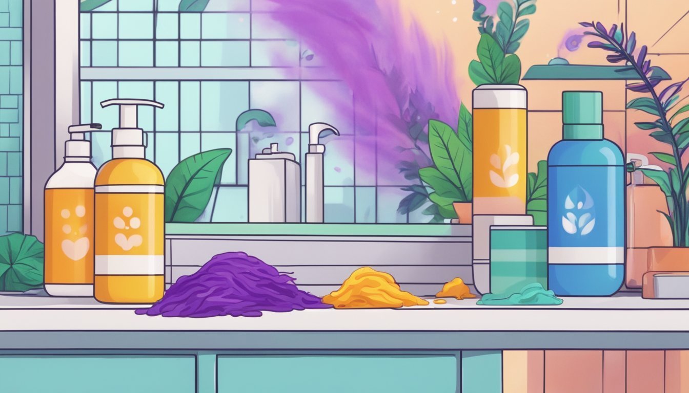 Bathroom shelf with colorful bottles, powders, and plants
