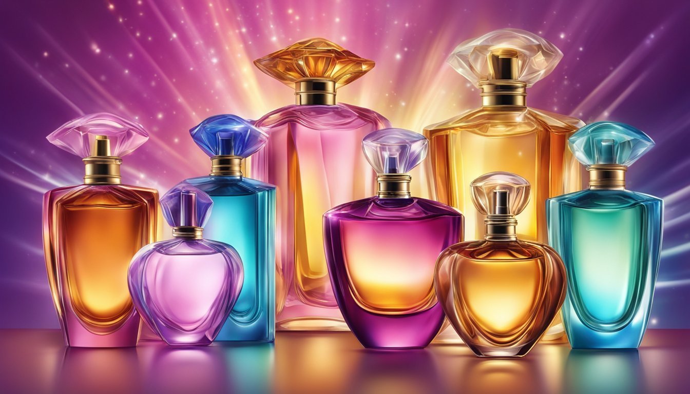 Collection of colorful perfume bottles with jewel-like caps, against a glowing background