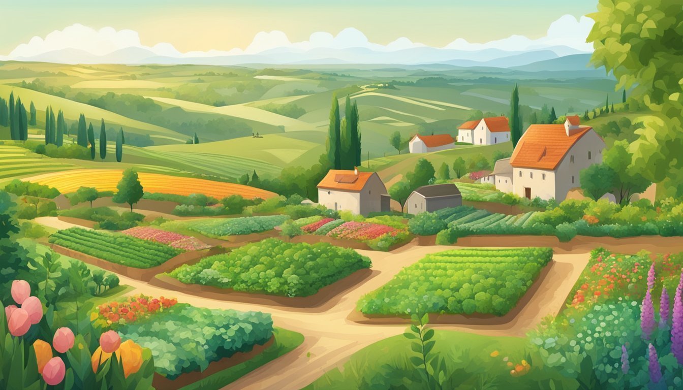 Scenic illustration of a farm with houses, fields, and rolling hills