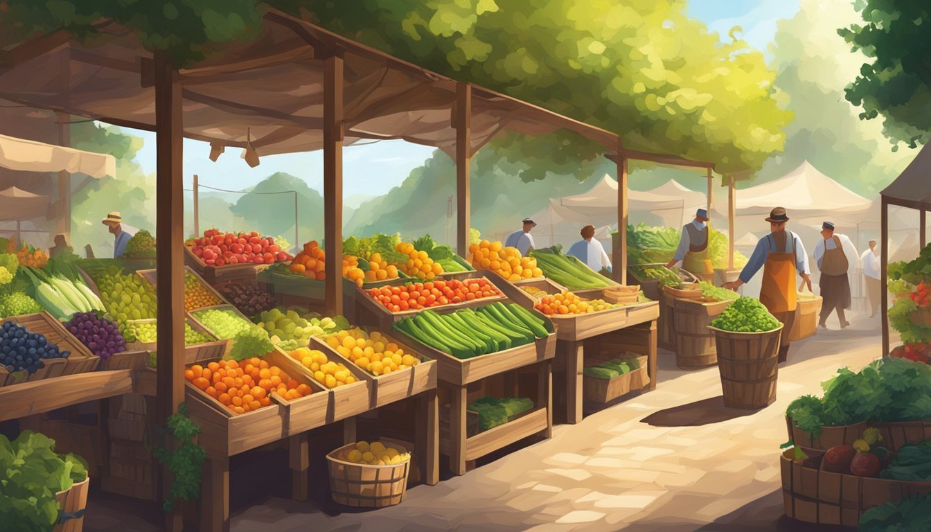 Outdoor farmers market with various fresh produce displayed on wooden stalls