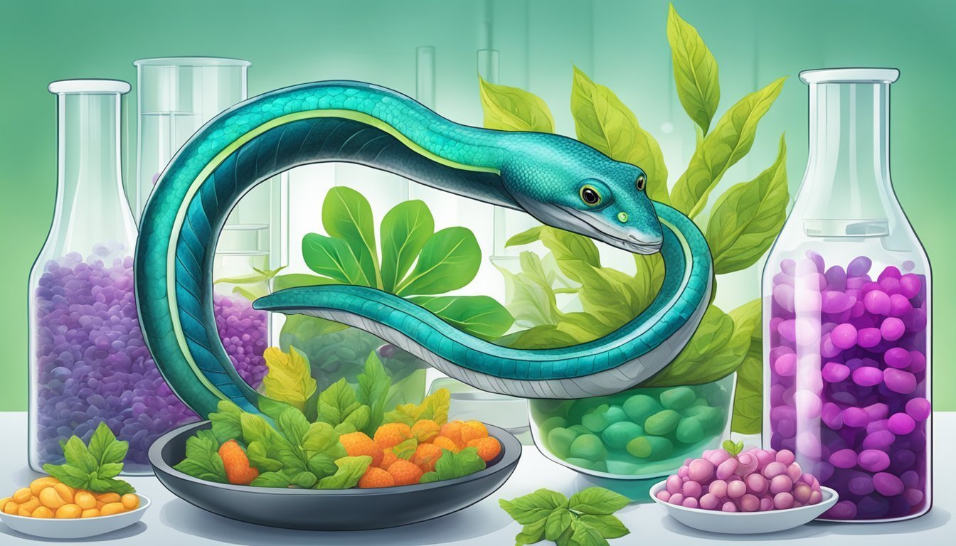 A blue snake surrounded by lab equipment and colorful food items
