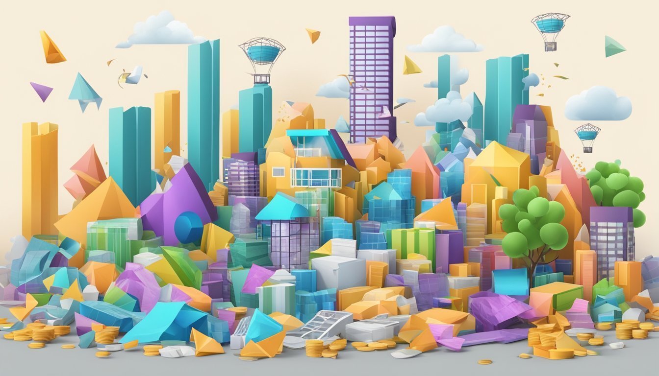 Abstract city illustration with colorful geometric buildings, clouds, and hot air balloons