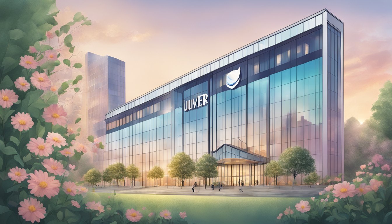 Modern glass building with "UUVER" sign, surrounded by flowers and trees