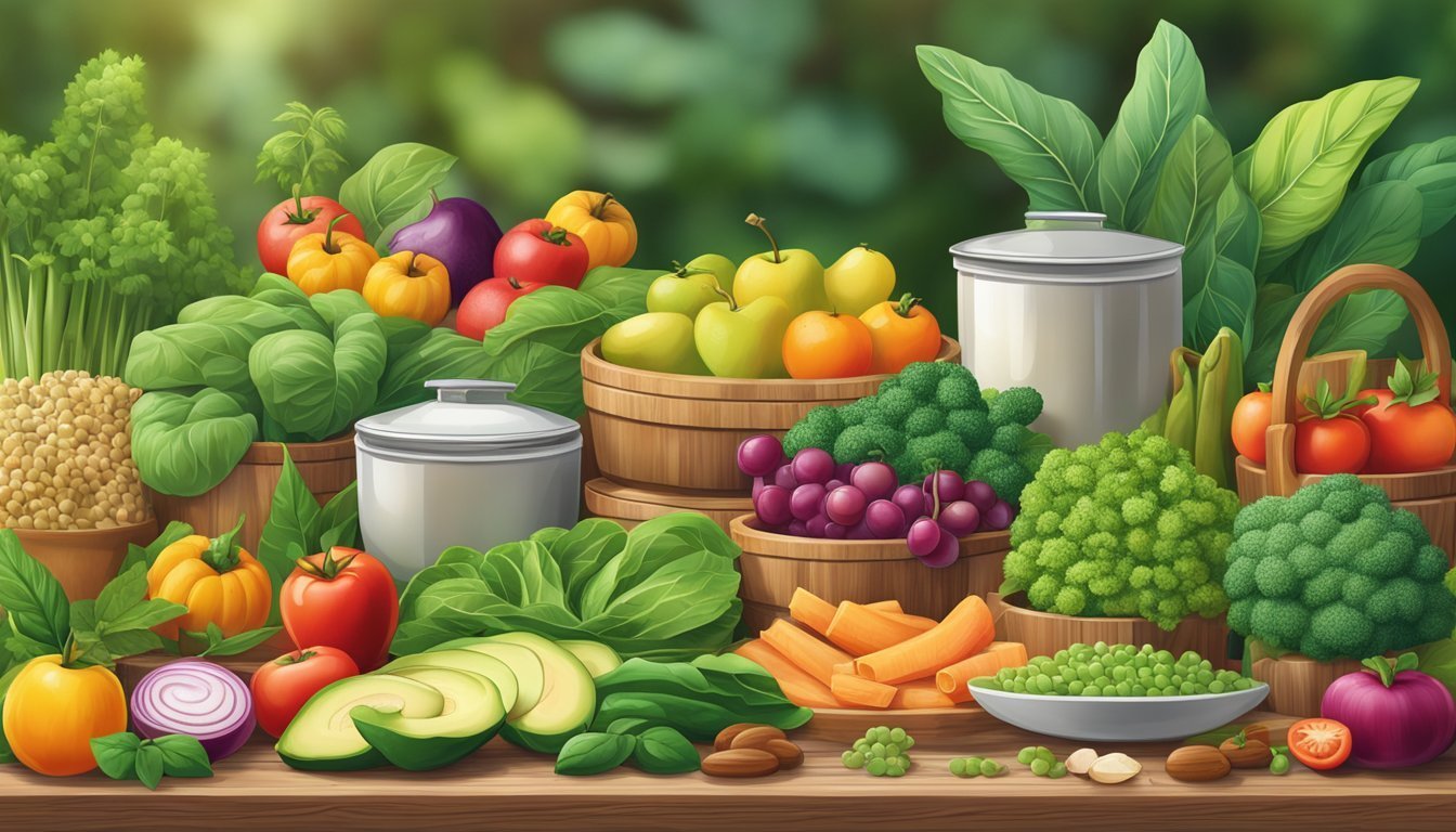 Arrangement of fresh fruits, vegetables, and legumes on a wooden table