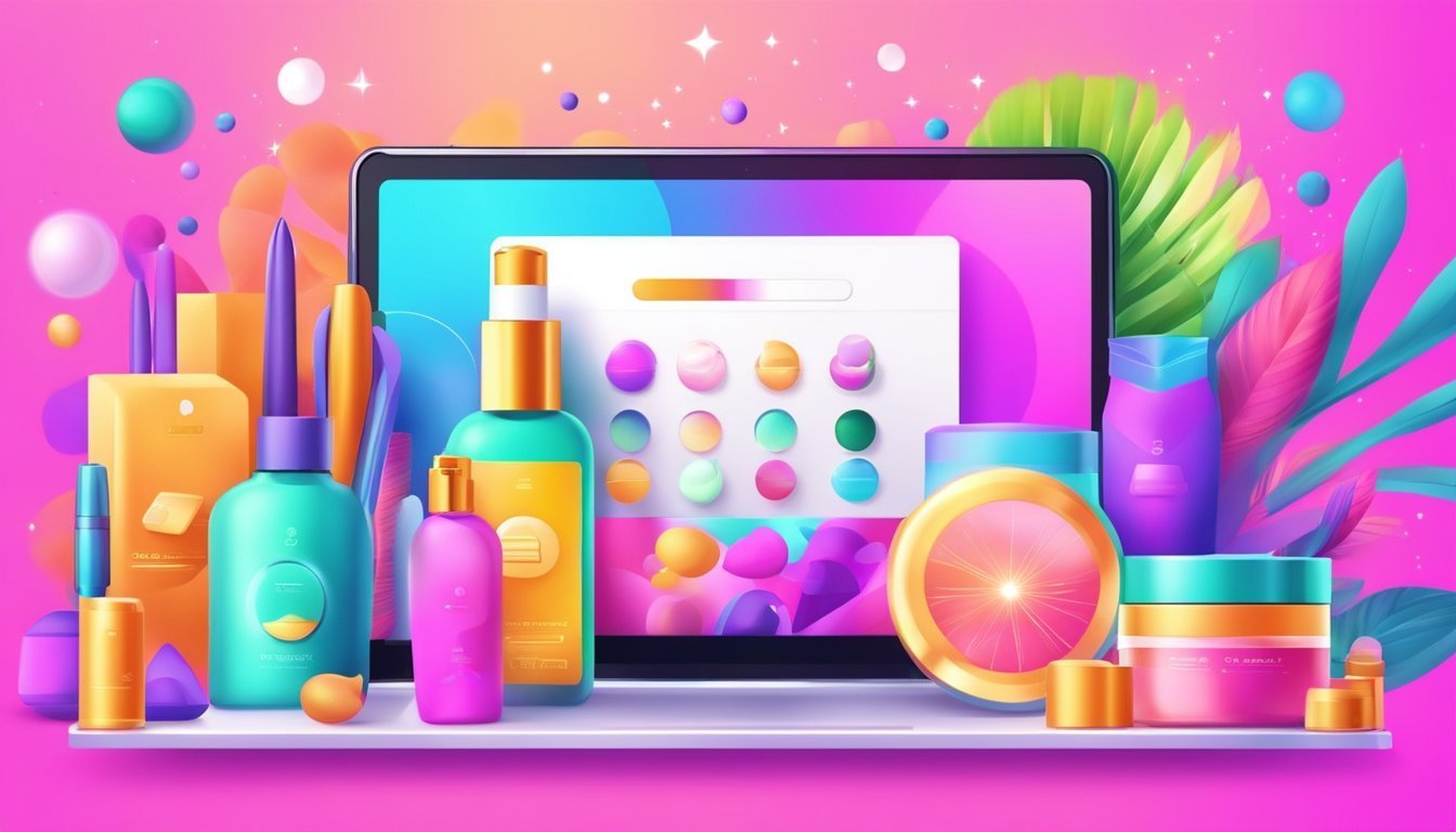 Cosmetics and a tablet with color swatches on a vibrant pink background