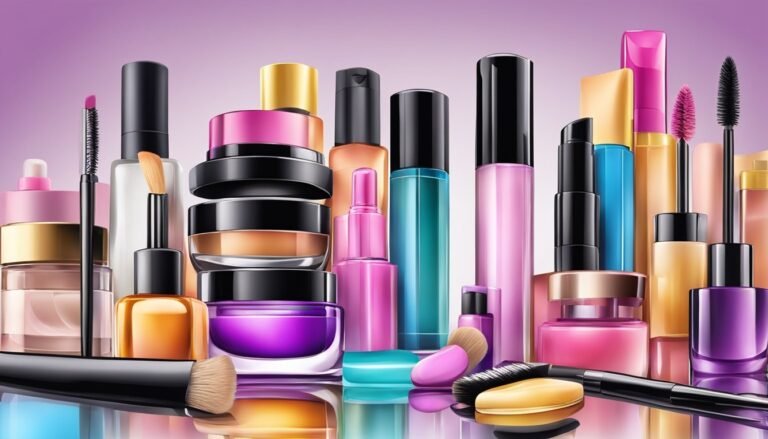 Collection of colorful makeup products including brushes, mascara, and lipsticks