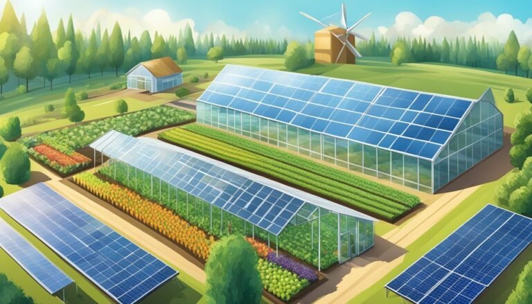 Illustration of a farm with greenhouses, solar panels, and a windmill