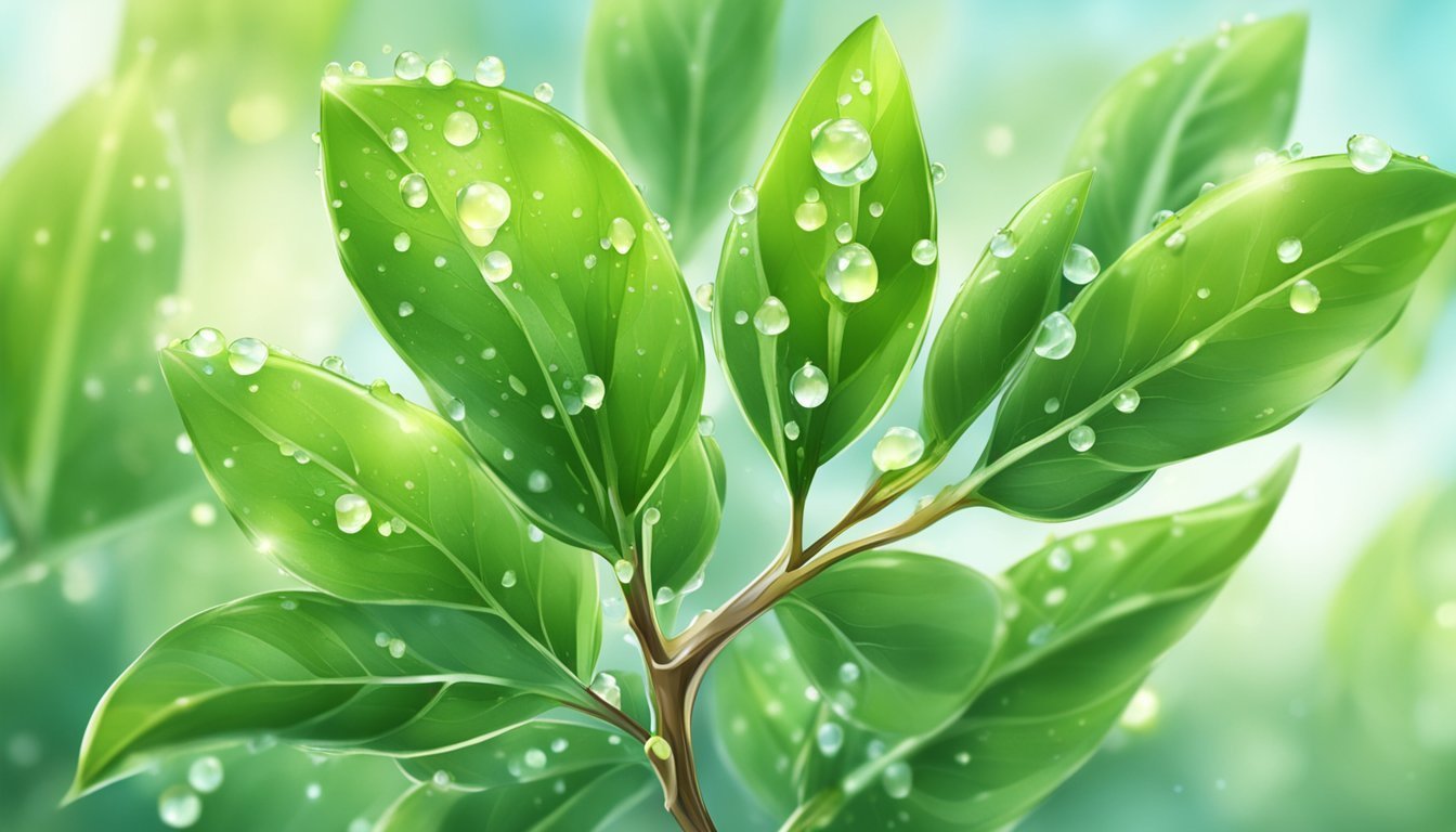 Green leaves on a branch with water droplets, close-up shot