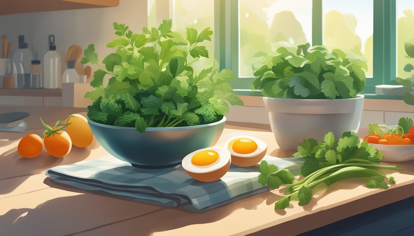 Fresh herbs, eggs, and tomatoes on a kitchen counter, sunny window
