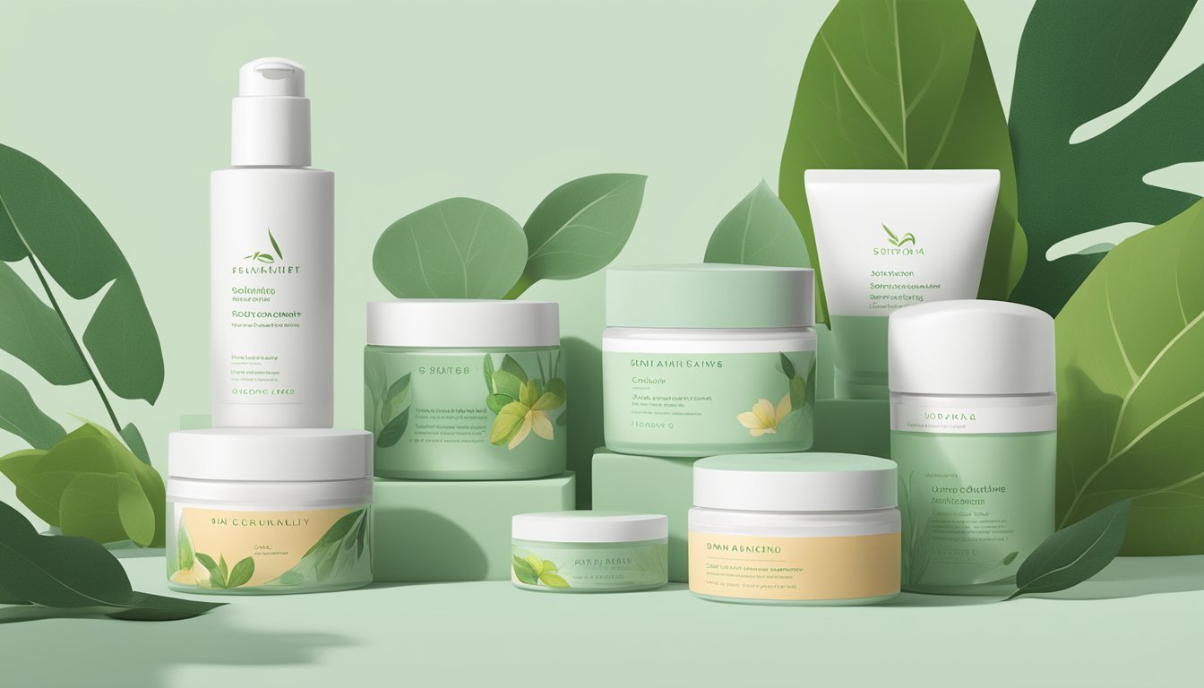 Cosmetic products in white and green packaging with leaves on a green background