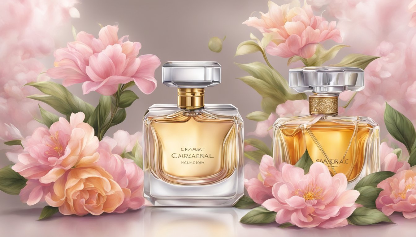 Two perfume bottles surrounded by pink flowers on a reflective surface