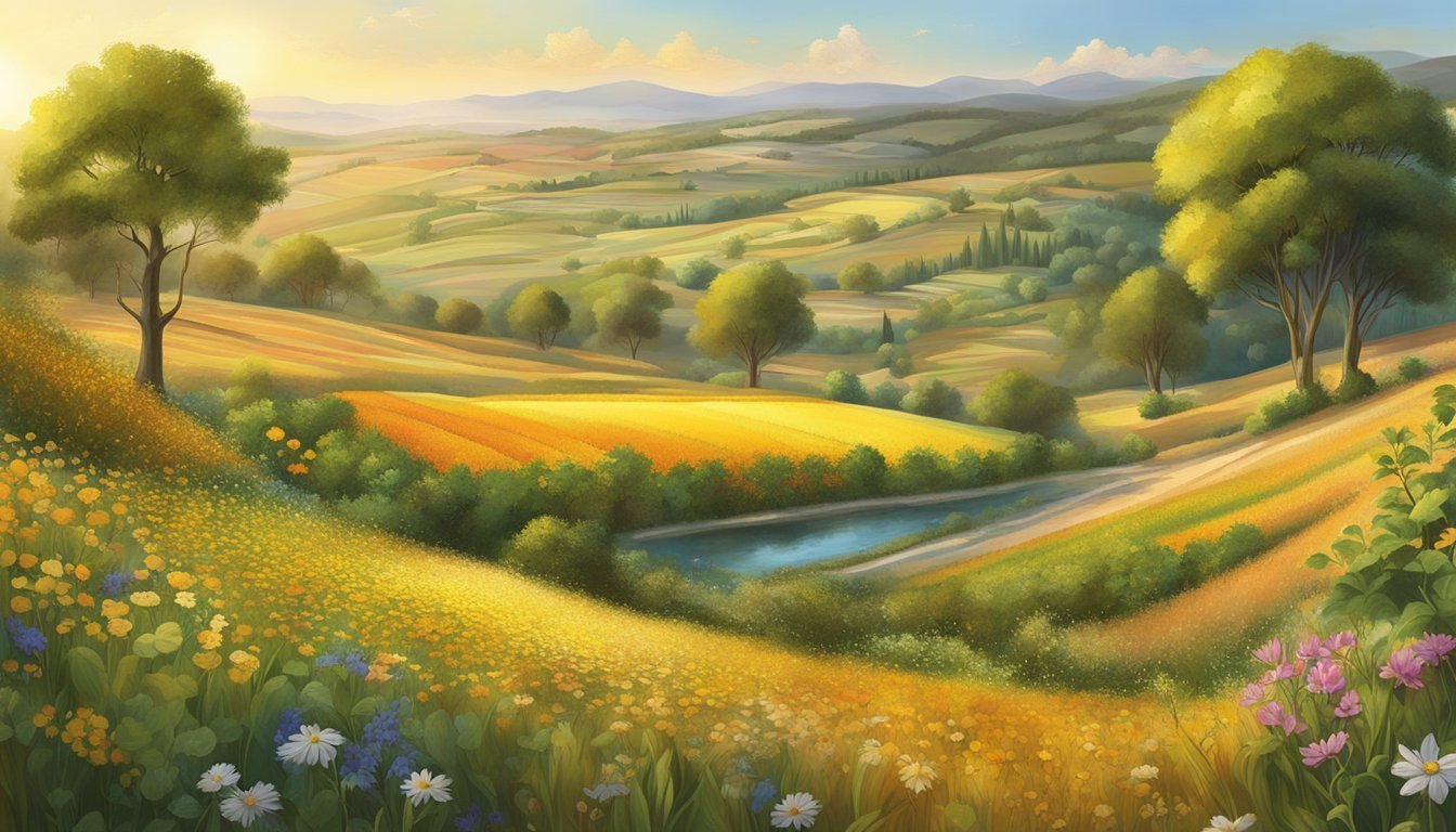 Rolling hills, fields of yellow flowers, trees, and a small pond