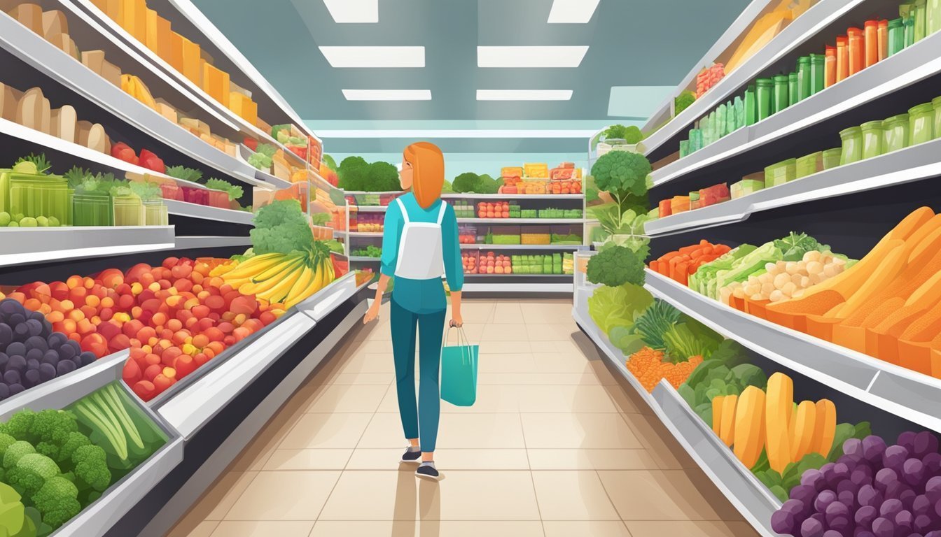 Woman shopping in a grocery store with fresh produce and a shopping bag