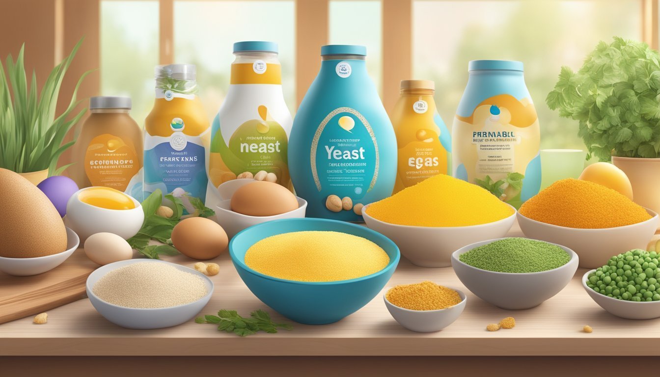 Bottles of liquids, bowls of ingredients, eggs, and plants on a wooden table